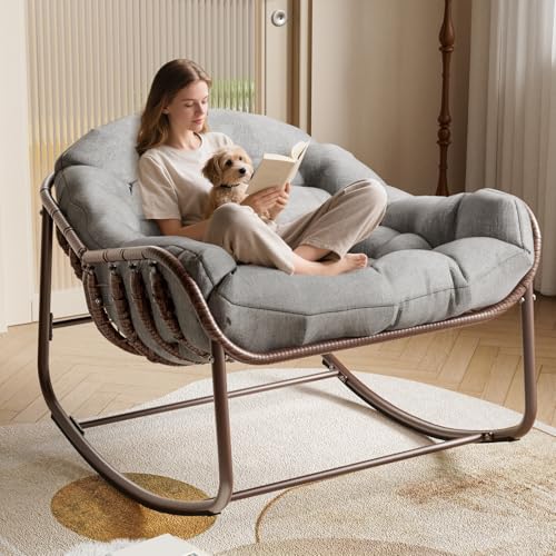 GarveeLife Outdoor Papasan Schaukelstuhl, übergroßer Weiden-Loungestuhl mit Kissen und Metallrahmen, Terrassen-Rattan-Eierwippe für Balkon, Hinterhof, Veranda, Schlafzimmer, Grau von GarveeLife