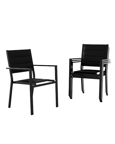 GarveeLife Stapelbare Esszimmerstühle aus Aluminium, 4 Stück, Outdoor-Stapelstuhl mit Textilene-Gewebe für Deck, Garten, Pool, Schwarz von GarveeLife
