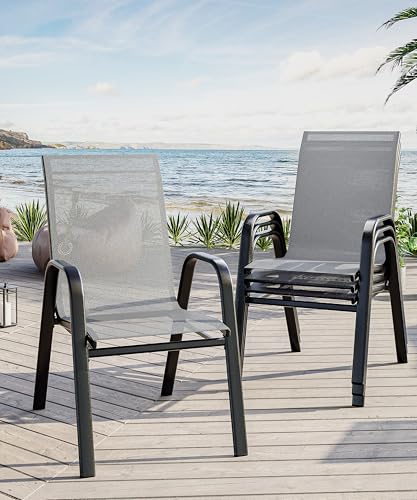 GarveeLife Stapelbare Terrassenstühle für den Außenbereich, stapelbare Metallstühle mit Textilene-Stoff für Deck, Pool oder Hinterhof, Grau, 4 Stück von GarveeLife