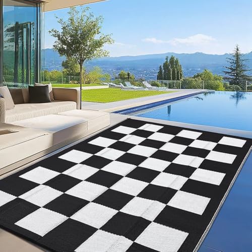GarveeLife Wasserdichter Outdoor-Teppich, 22,9 x 30,5 cm, modern, kariert, wendbar, leicht, Kunststoff, Strohteppich, UV-beständig, faltbar, tragbar, für Camping, Picknick, Strand, Balkon, Schwarz von GarveeLife