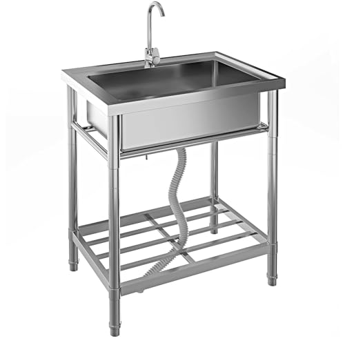 Edelstahl Spültisch, Freistehende Küchenspüle Gewerbliche Spülbecken Mit 1 Becken Wasserhahn Kalt Und Warmwasserschläuchen, Für Waschküche Outdoorküche Gastro Küchen Spulbecken, 71.12x50.8x86.36 CM von GarveeMore
