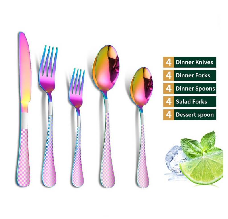 GarveeMore Besteck-Set 20teiliges Besteckset Kariertes Muster Spiegelglattes Gabel Löffelset, Edelstahl-Besteck für die Küche, Restaurant, Hotel, spiegelpoliert von GarveeMore