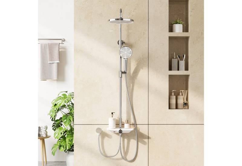 GarveeMore Brausegarnitur Regendusche Duschsystem Ablage 3-Funktion höhenverstellbar-D25cm, XXL Überkopfbrause und 3 Funktion Handbrause Rund,Höhen Einstellbar von GarveeMore