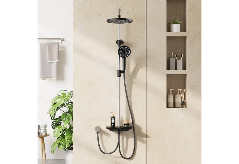GarveeMore Brausegarnitur Regendusche Duschsystem Ablage 3-Funktion höhenverstellbar-D25cm, XXL Überkopfbrause und 3 Funktion Handbrause Rund,Höhen Einstellbar von GarveeMore