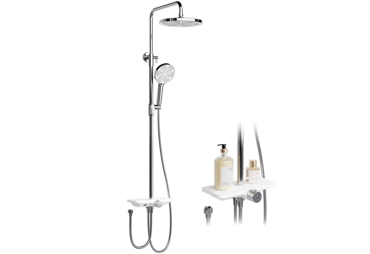 GarveeMore Brausegarnitur Regendusche Duschsystem mit Ablage 3-Funktion höhenverstellbar-D25cm, XXL Überkopfbrause und 3 Funktion Handbrause Rund,Höhen Einstellbar von GarveeMore