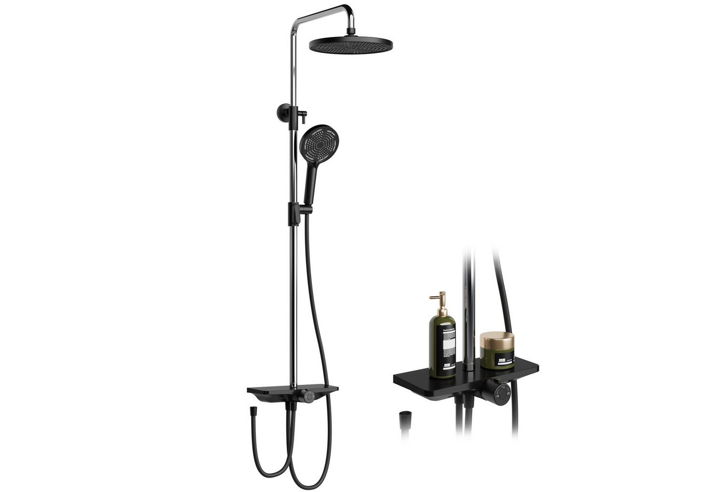 GarveeMore Brausegarnitur Regendusche Duschsystem mit Ablage 3-Funktion höhenverstellbar-D25cm, XXL Überkopfbrause und 3 Funktion Handbrause Rund,Höhen Einstellbar von GarveeMore