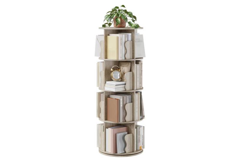 GarveeMore Bücherregal 4-stöckiger drehbarer Bücherregalturm Vertikal um 360° für KleineRäume, 46x46x127CM vertikal spiralförmiger Bücherregal-Organizer aus Holz von GarveeMore