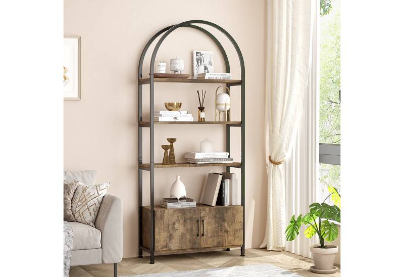 GarveeMore Bücherregal Gewölbtes mit 2 Türen,stabilem Metallrahmen,181cm, 4-stöckiges gewölbtes Ausstellungsregal für Büro,Schlafzimmer,weiß von GarveeMore