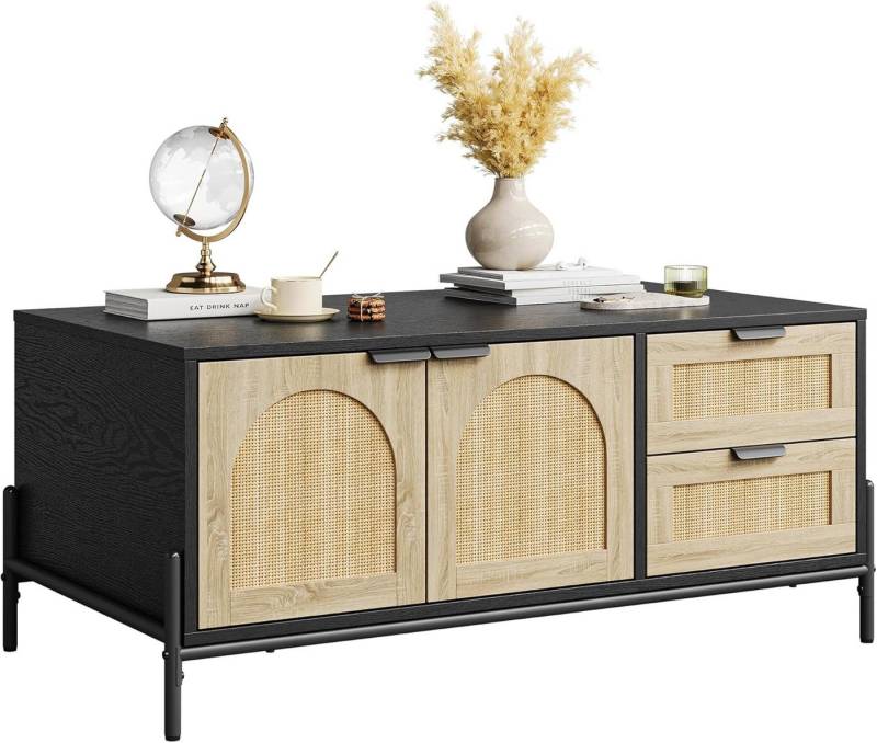 GarveeMore Couchtisch Rattan,mit 2 Schubladen und 2 gewölbten Türen,104x55x45cm, Rattan Mid Century Modern Couchtisch,MDF und Metallbeinen von GarveeMore