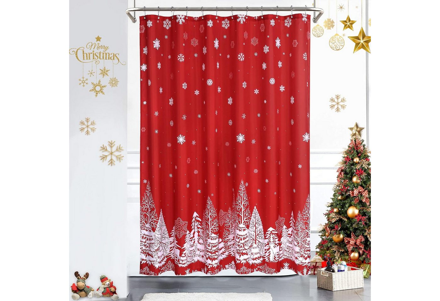 GarveeMore Duschvorhang Weihnachts,gewichteter Boden, Weihnachtsbaum und Schneeflockenmuster Breite 89 cm, Badezimmer-Duschvorhang, Badezimmer-Deko, wasserdichter Duschvorhang von GarveeMore