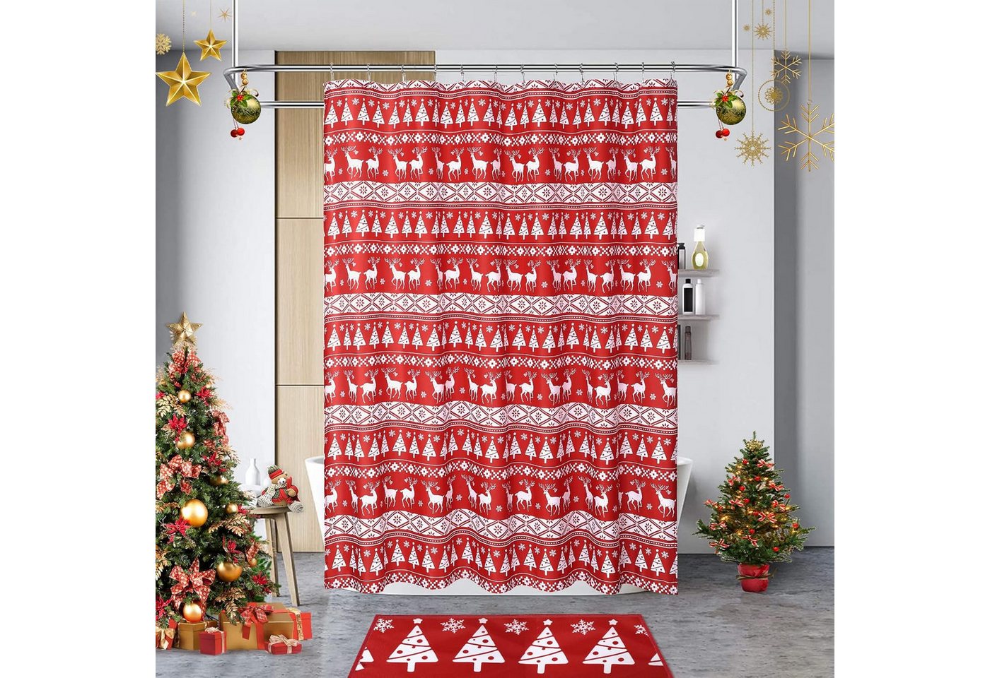 GarveeMore Duschvorhang Weihnachts,roter Xmas-Duschvorhang,Weißer Xmas-Kiefern Breite 89 cm, moderner Happy New Year-Winter-Stoff-Duschvorhang von GarveeMore