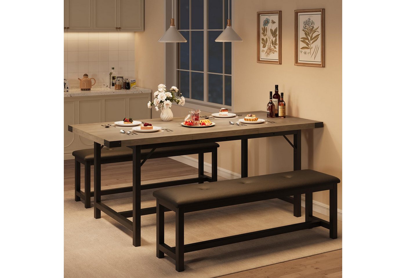 GarveeMore Essgruppe Essgruppe 160cm Ausziehtisch mit 2 Bänke für 4-6 Personen GarveeMore Essgruppe Essgruppe 160cm Ausziehtisch mit 2 Bänke für 4-6 Personen von GarveeMore