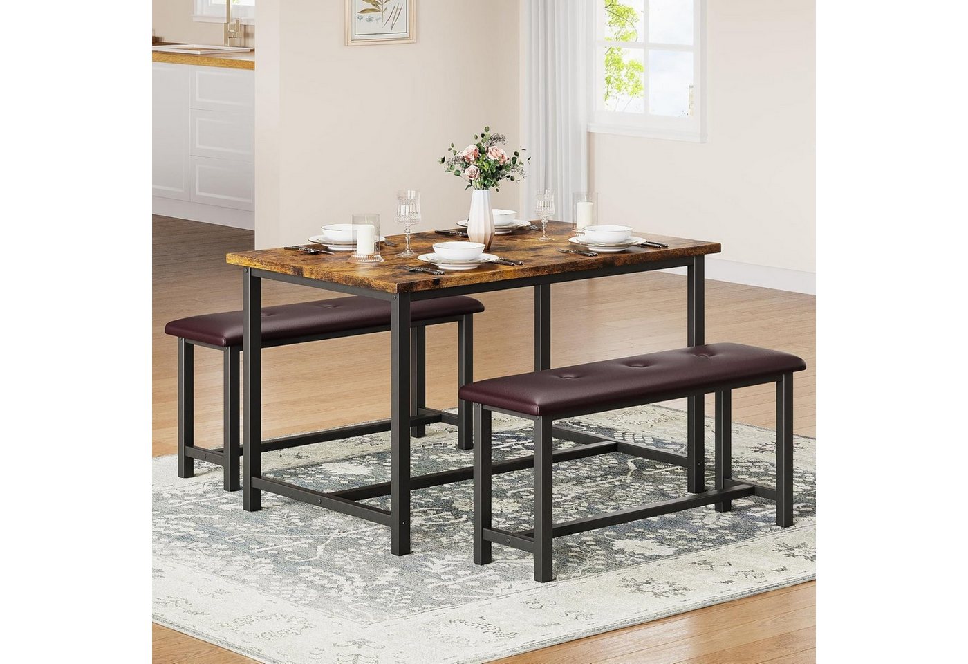 GarveeMore Essgruppe Essgruppe Set, 3-tlg, Esstisch-Set für 4 Personen mit 2 Bänken GarveeMore Essgruppe Essgruppe Set, 3-tlg, Esstisch-Set für 4 Personen mit 2 Bänken von GarveeMore
