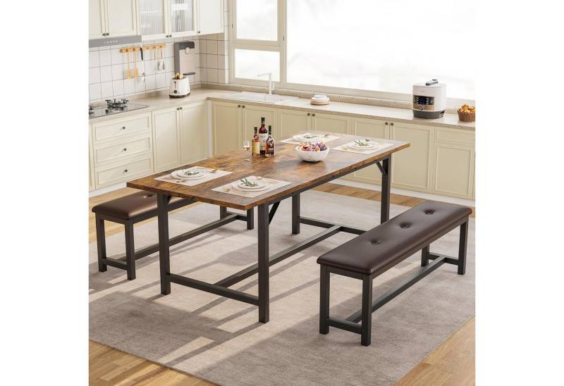 GarveeMore Essgruppe Esstisch-Set für 4–6 Personen mit 2 gepolsterten Bänken,3-teiliges, großes ausziehbares Küchentisch-Set für Wohnung,Esszimmer,platzsparend von GarveeMore