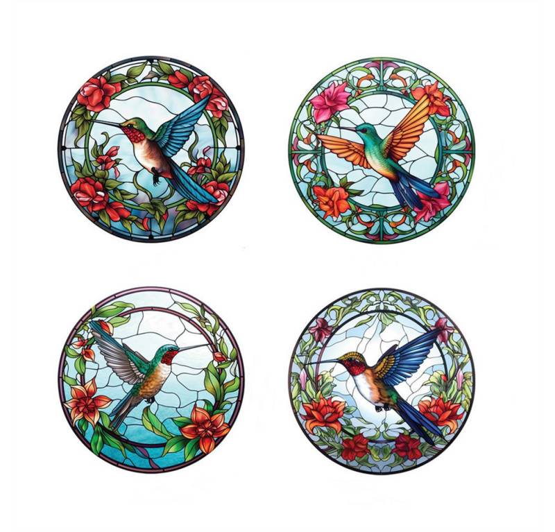 GarveeMore Fenstersticker 4PCS PVC Fenster Glas AufkleberBunte Kolibri/Schmetterling Muster, Glasmalerei Fenster Film AbnehmbarNicht klebend Kollision Prävention von GarveeMore