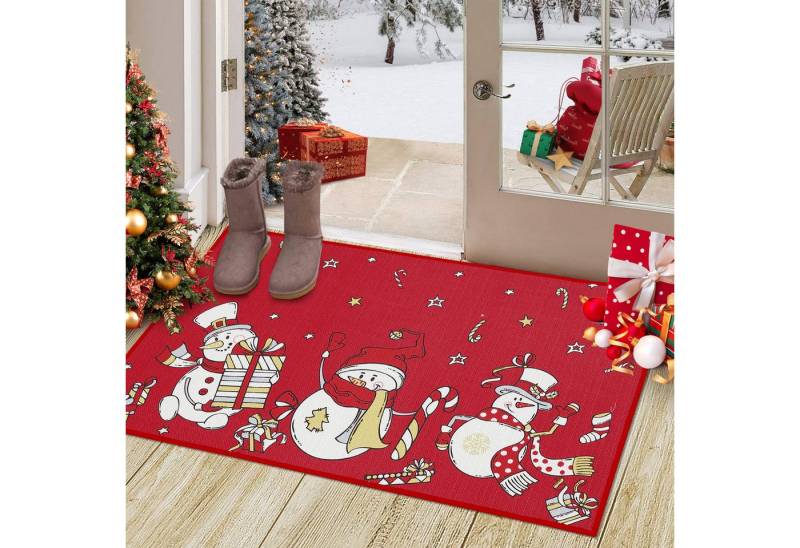 GarveeMore Fußmatte Schneemann, rechteckig, Höhe: 7 mm, Weihnachtsdesign mit Schneemann, Geschenken, Zuckerstangen und Sternen von GarveeMore