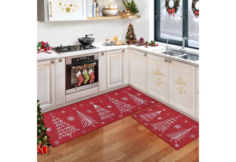 GarveeMore Fußmatte Weihnachts Sets,Weihnachts Küchenmatte Frohe Weihnachten, Schneeflocke 2-teilig rutschfeste Läufer Teppich-Set,40x60,40x120CM von GarveeMore