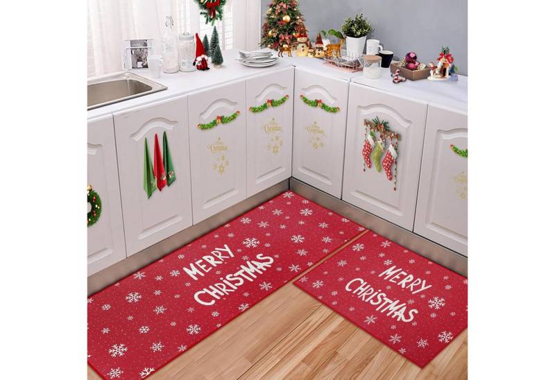 GarveeMore Fußmatte Weihnachts Sets,Weihnachts Küchenmatte Frohe Weihnachten, Schneeflocke 2-teilig rutschfeste Läufer Teppich-Set,40x60,40x120CM von GarveeMore