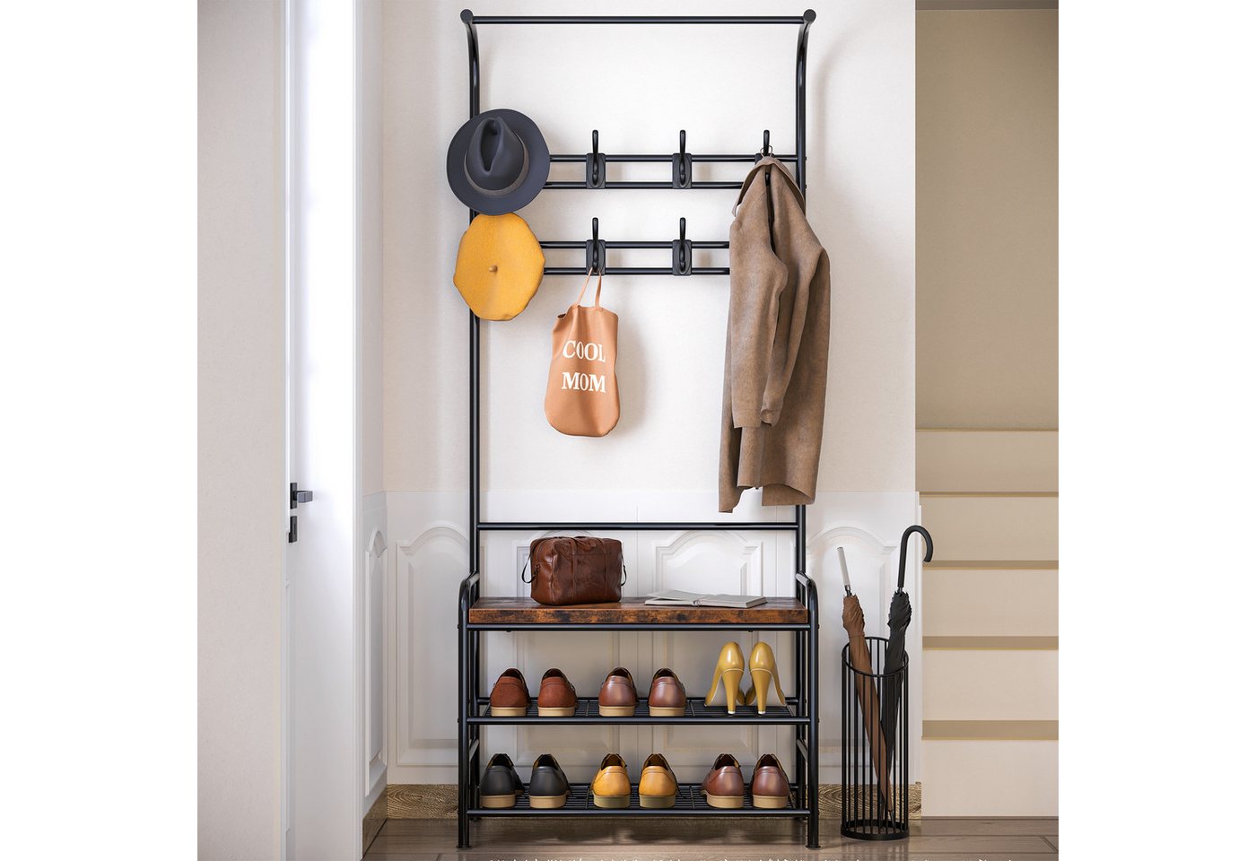 GarveeMore Garderobenständer Garderobenständer mit Schuhbank,4-in-1 Kleiderständer Garderobe von GarveeMore