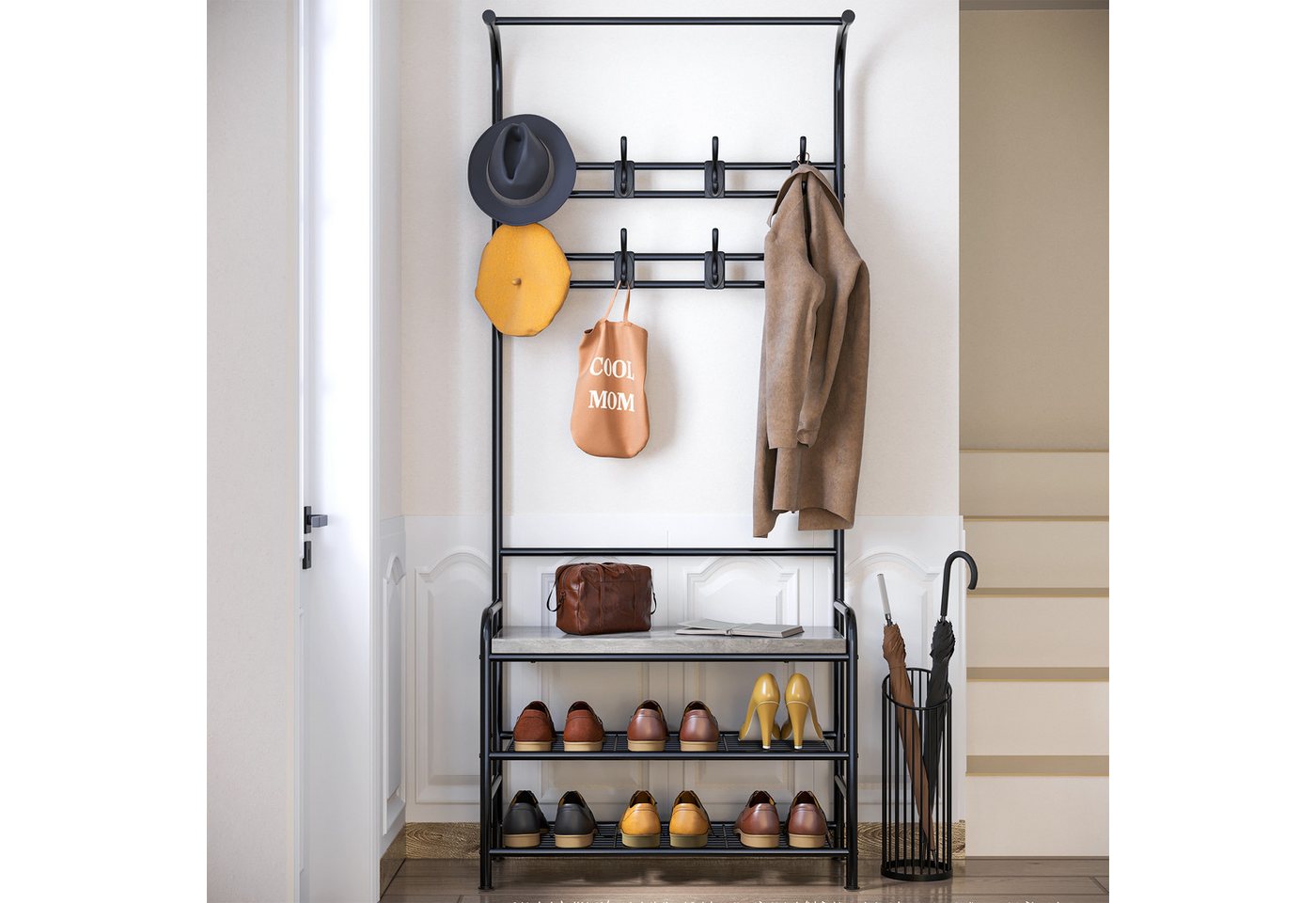 GarveeMore Garderobenständer Garderobenständer mit Schuhbank,4-in-1 Kleiderständer Garderobe von GarveeMore