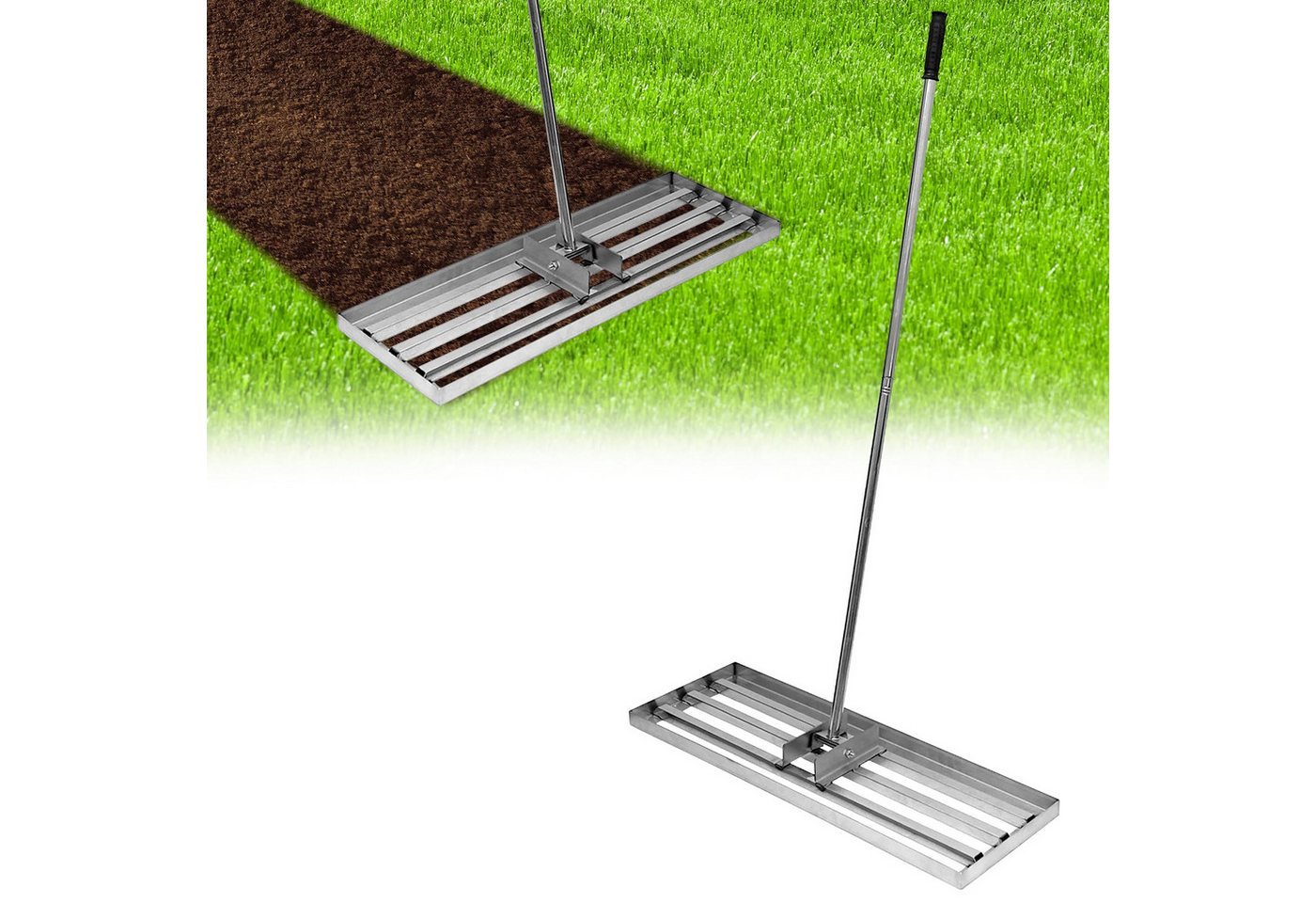 GarveeMore Gartenrechen Rasen Nivellier Rechen Stahl für Erde, Garten Erde Nivellierwerkzeug, Egalisierungsrechen Rasen mit verstellbarem Griff 17”x10” oder 30”x10” von GarveeMore