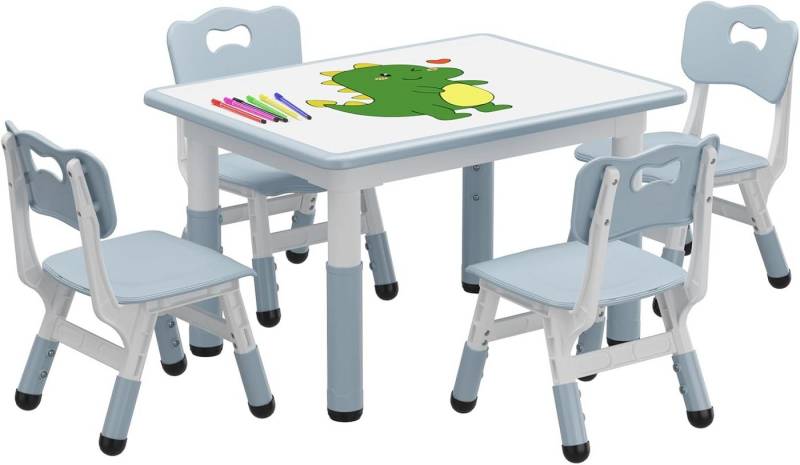 GarveeMore Kindersitzgruppe mit 4 Stühlen und Graffiti-Schreibtisch,höhenverstellbares, 5-tlg Kindertisch,für Kleinkinder Zum Zeichnen,Lesen,Kunsthandwerk von GarveeMore