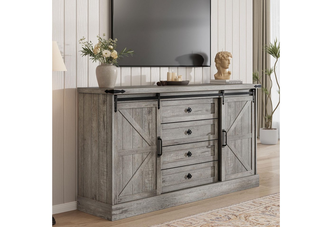 GarveeMore Kommode Kommode mit 4 Schubladen und Schiebetüren im Scheunentor-Stil von GarveeMore