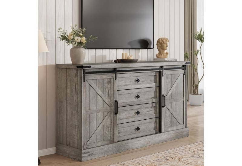 GarveeMore Kommode Kommode mit 4 Schubladen und Schiebetüren im Scheunentor-Stil von GarveeMore