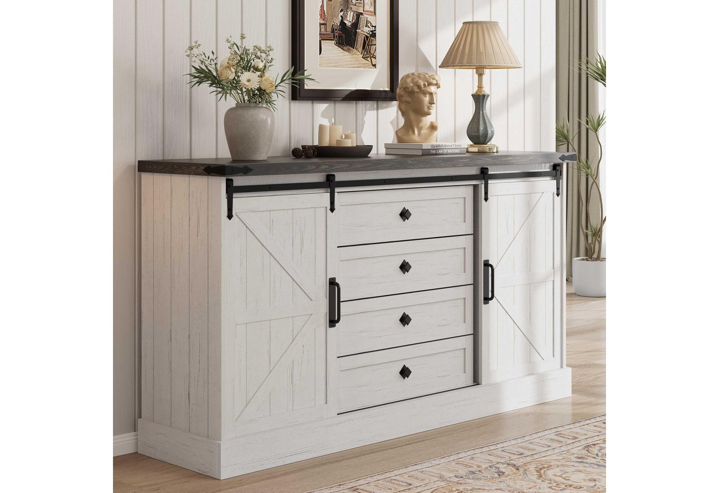 GarveeMore Kommode Kommode mit 4 Schubladen und Schiebetüren im Scheunentor-Stil von GarveeMore