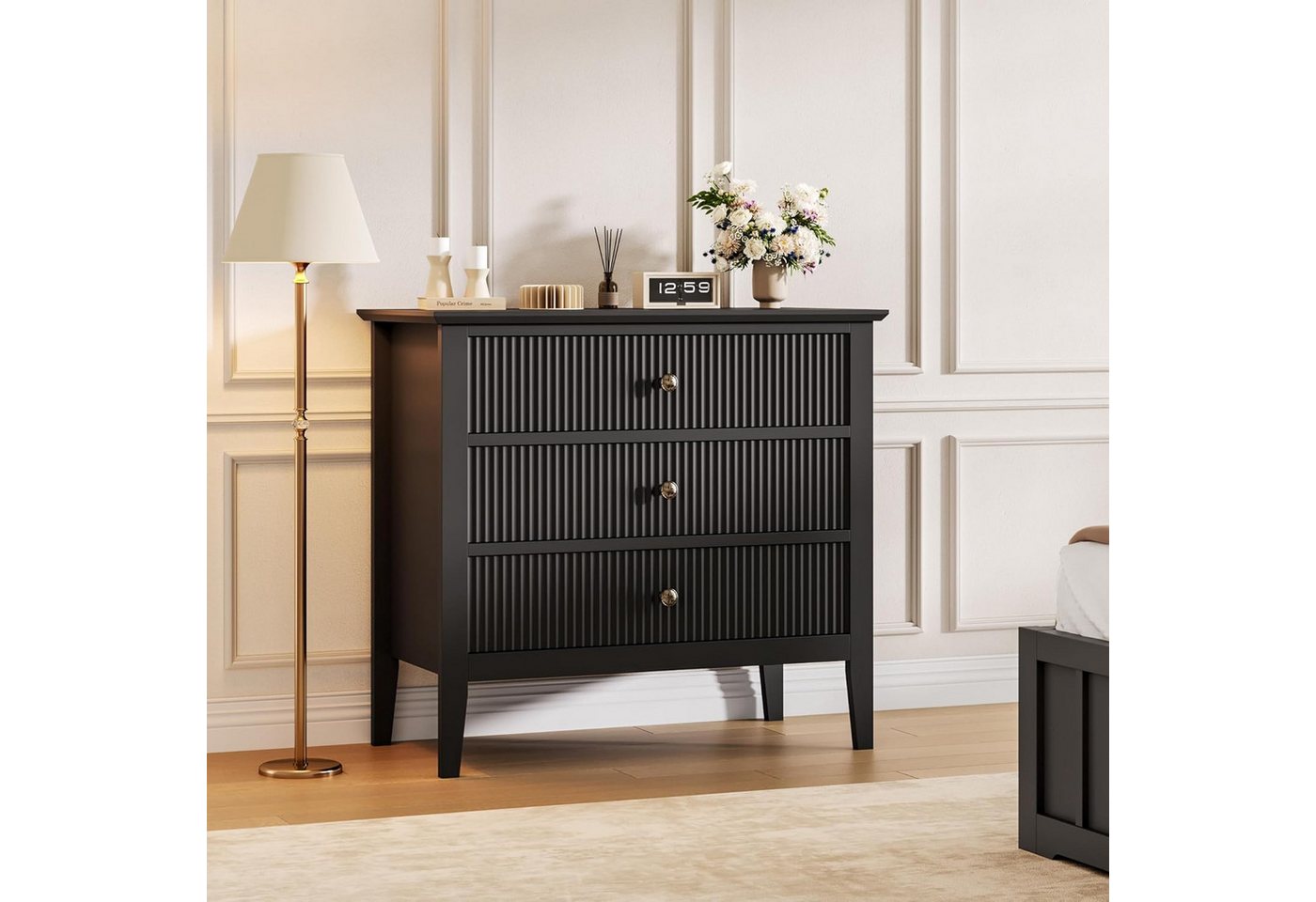 GarveeMore Kommode mit 3 Schubladen,Holzkommode mit geriffeltem Design, mit Metallbeinen und Kippschutz-Set für Schlafzimmer oder Wohnzimmer von GarveeMore