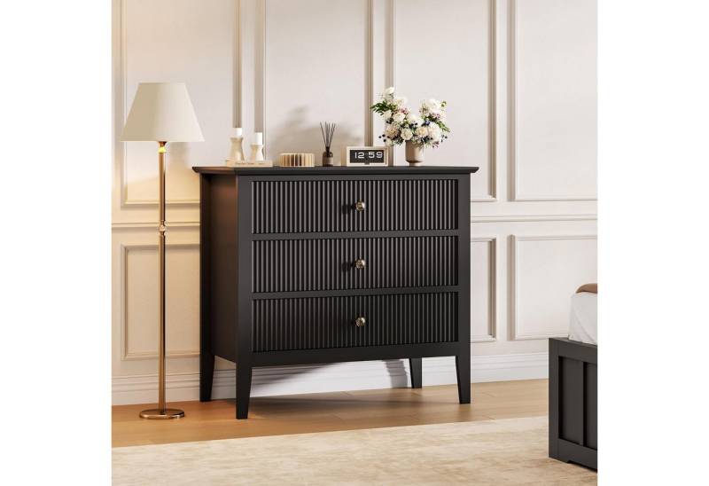 GarveeMore Kommode mit 3 Schubladen,Holzkommode mit geriffeltem Design, mit Metallbeinen und Kippschutz-Set für Schlafzimmer oder Wohnzimmer von GarveeMore