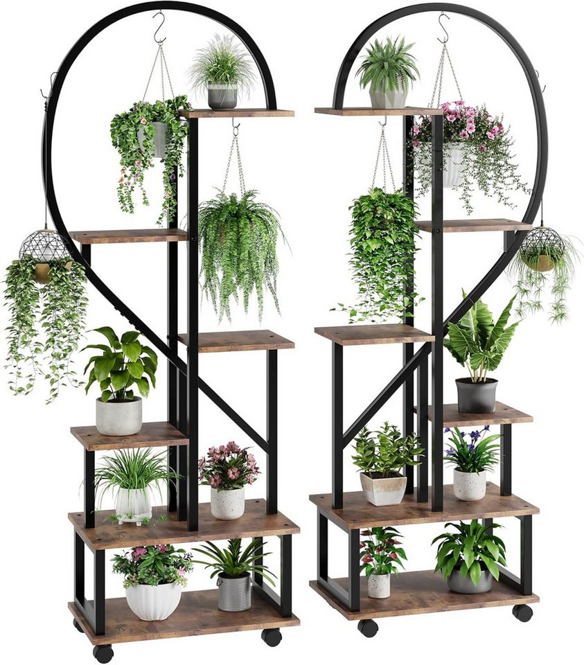GarveeMore Pflanzentreppe 6 Etagen (2Stück) mit Rädern und 6Haken,Half Heart Shape Blumenständer, Höhenverstellbarer Pflanzenständer für Garten,Wohnzimmer,Terrasse von GarveeMore