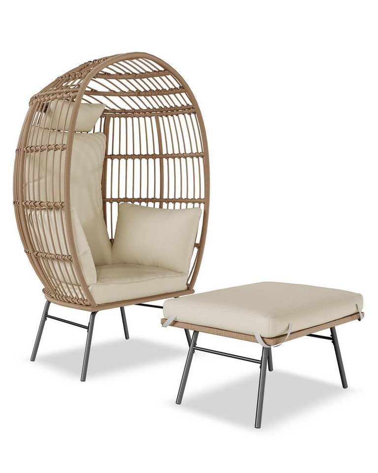 GarveeMore Rattanstuhl übergroßer Eierstuhl aus Korbgeflecht mit Ottomane,mit bequemen Kissen, für drinnen und draußen, Terrasse, Veranda, Garten von GarveeMore