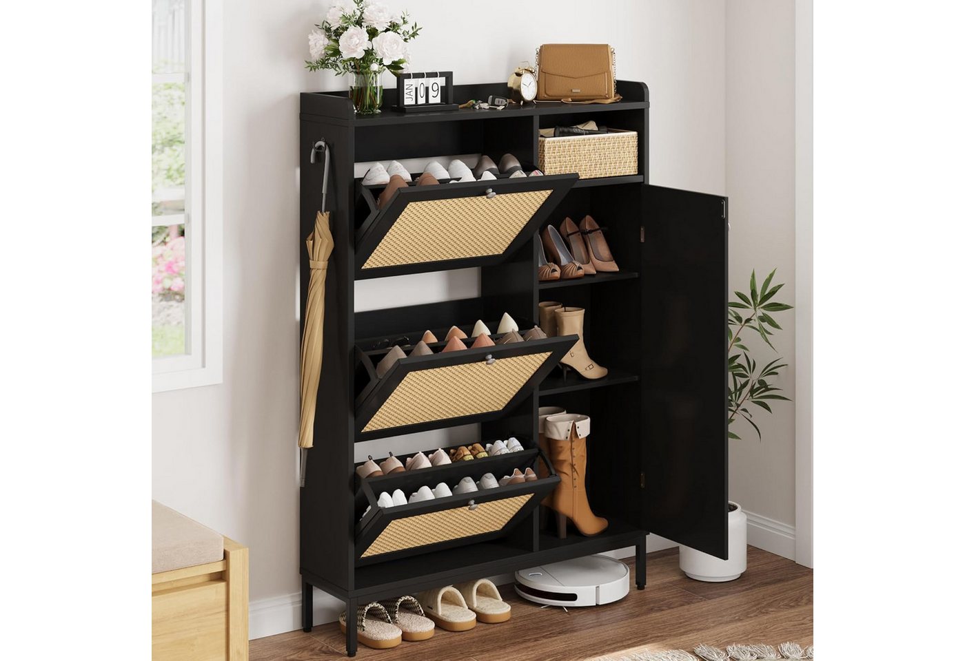 GarveeMore Schuhschrank aus Rattan mit 3 Klappschubladen und 4-stöckigem Schuhschrank Schuhschrank mit verstellbaren Regalen für Eingangsbereich,Flur GarveeMore Schuhschrank aus Rattan mit 3 Klappschubladen und 4-stöckigem Schuhschrank Schuhschrank mit verstellbaren Regalen für Eingangsbereich,Flur von GarveeMore