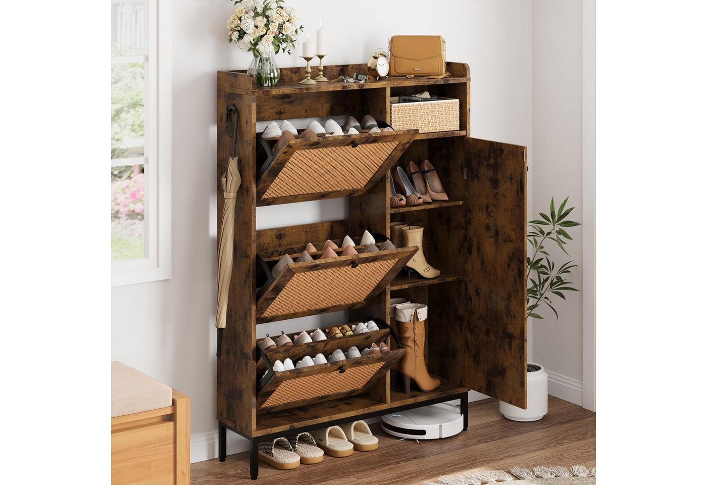 GarveeMore Schuhschrank aus Rattan mit 3 Klappschubladen und 4-stöckigem Schuhschrank Schuhschrank mit verstellbaren Regalen für Eingangsbereich,Flur GarveeMore Schuhschrank aus Rattan mit 3 Klappschubladen und 4-stöckigem Schuhschrank Schuhschrank mit verstellbaren Regalen für Eingangsbereich,Flur von GarveeMore