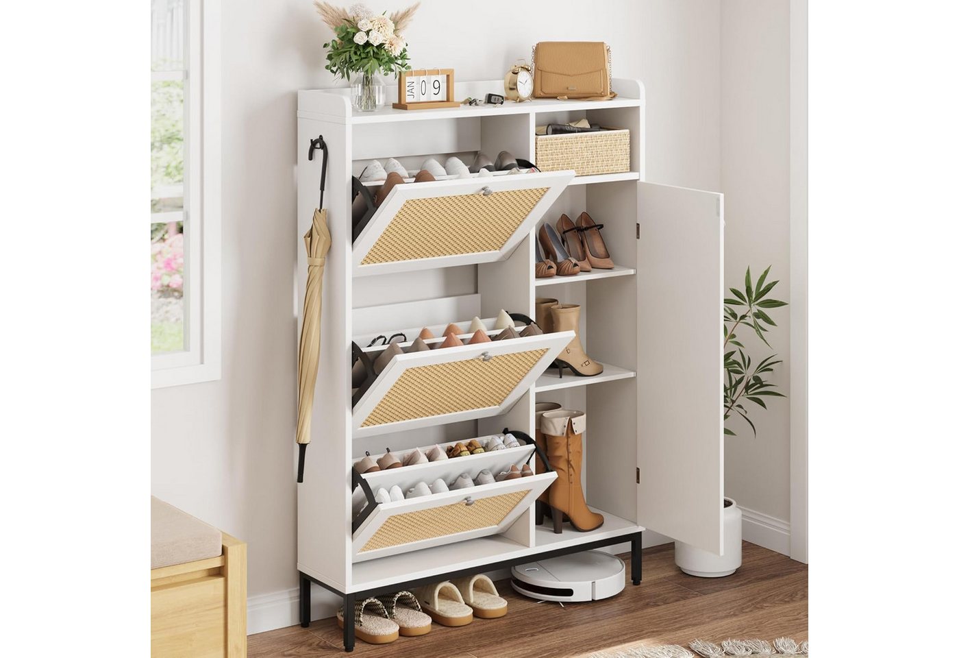 GarveeMore Schuhschrank aus Rattan mit 3 Klappschubladen und 4-stufiger Schuhschrank Schuhschrank mit verstellbaren Regalen für Eingang,Flur,Wohnzimmer GarveeMore Schuhschrank aus Rattan mit 3 Klappschubladen und 4-stufiger Schuhschrank Schuhschrank mit verstellbaren Regalen für Eingang,Flur,Wohnzimmer von GarveeMore