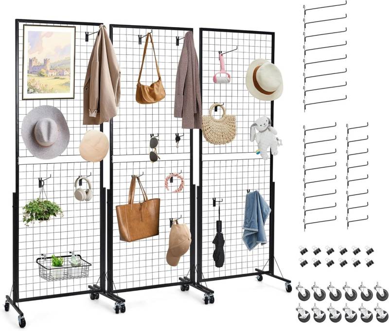 GarveeMore Regalelement 61x170cm,Gitterwandpaneel-Displayständer mit dreieckigem T-Fuß, 3-tlg., Handwerksausstellungen und Einzelhandelsdisplays mit 8 Clips,15 Haken von GarveeMore