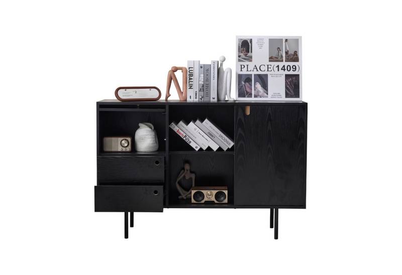 GarveeMore Sideboard Kommode,Küchenschrank 3 Schubladen und 2 Türen,schwarz,120x35x78CM, Moderner Sideboard, Kommode im zweifarbigen Design von GarveeMore