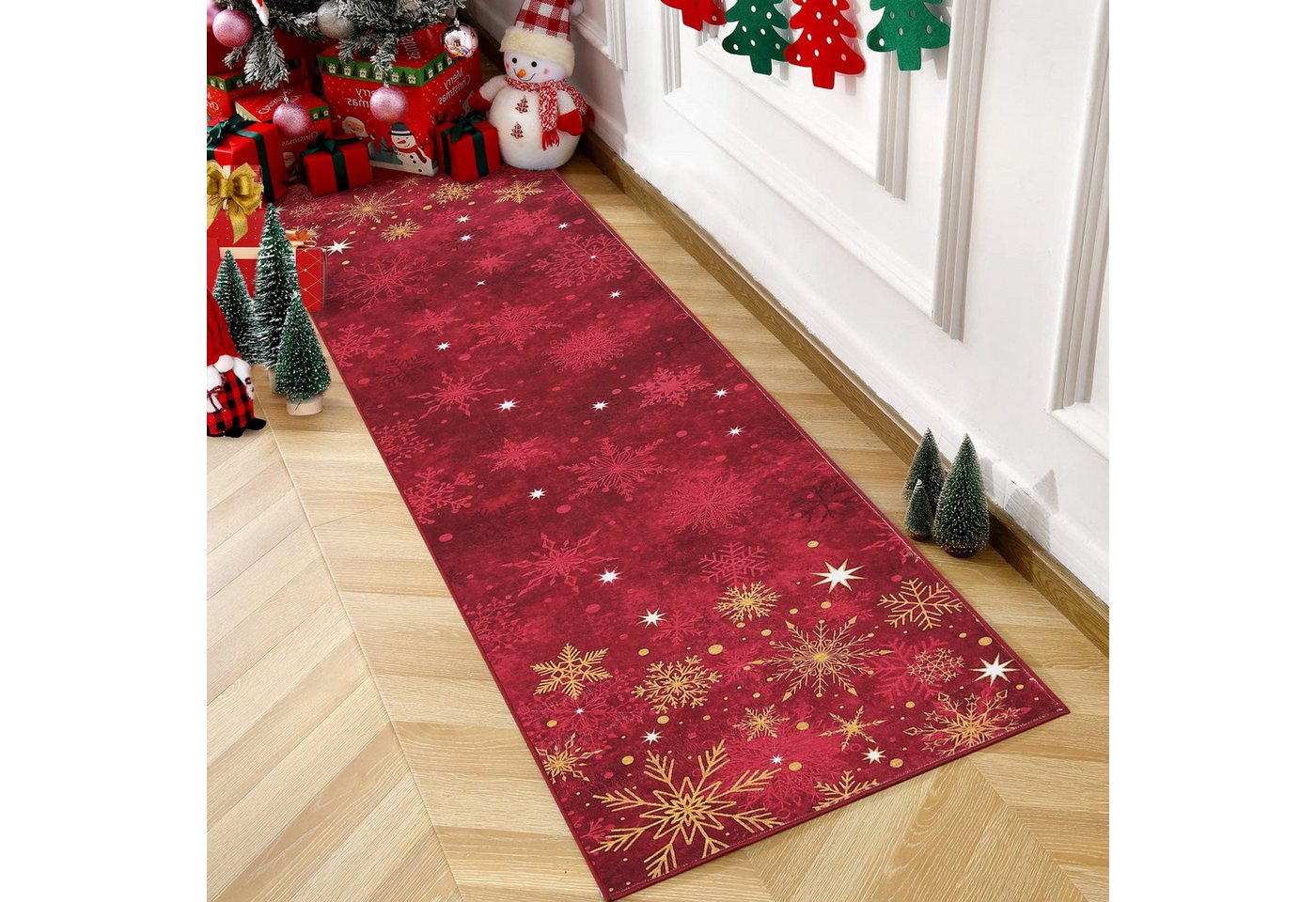 GarveeMore Teppich, rechteckig, Höhe: 7 mm, Festliches Design mit goldenen Akzenten und eleganter Winteroptik von GarveeMore