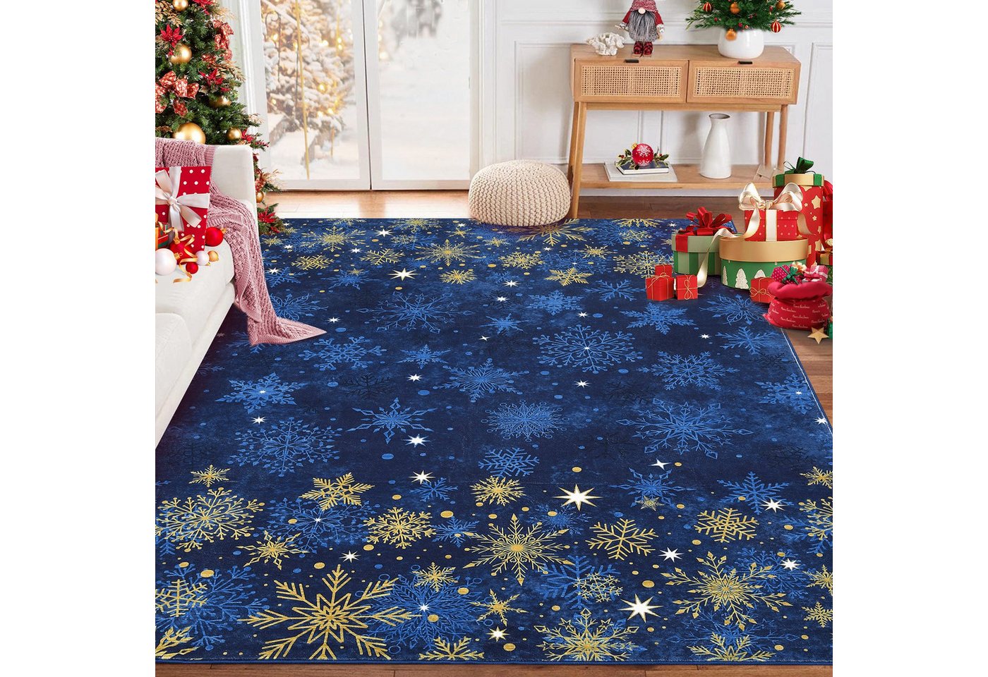 GarveeMore Teppich, rechteckig, Höhe: 7 mm, Festliches Design mit goldenen Akzenten und eleganter Winteroptik von GarveeMore