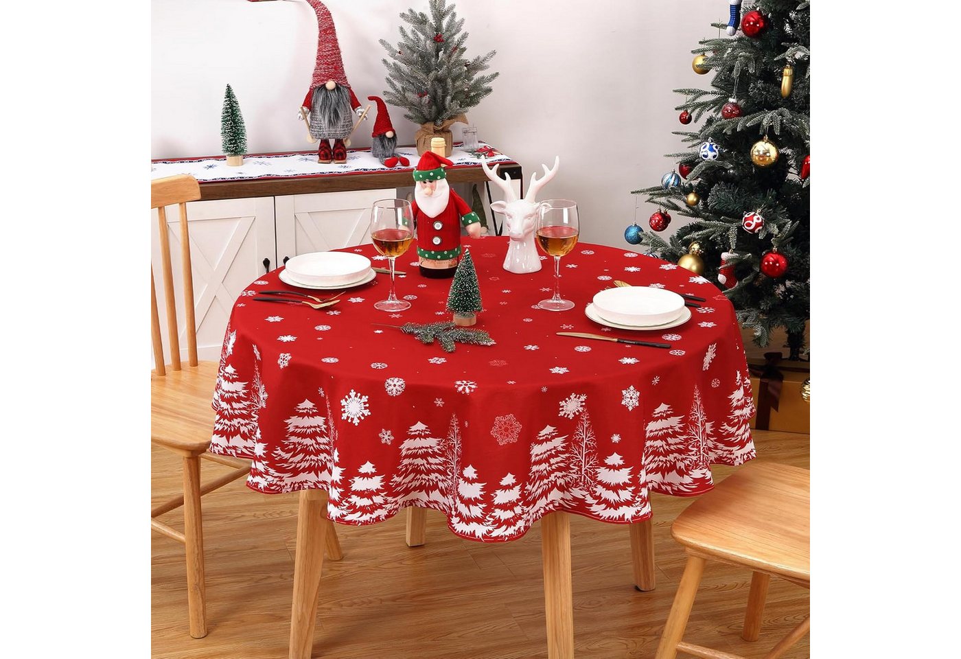 GarveeMore Tischdecke Rote Weihnachts-Tischdecke mit Schneeflocken- und Tannendruck GarveeMore Tischdecke Rote Weihnachts-Tischdecke mit Schneeflocken- und Tannendruck von GarveeMore