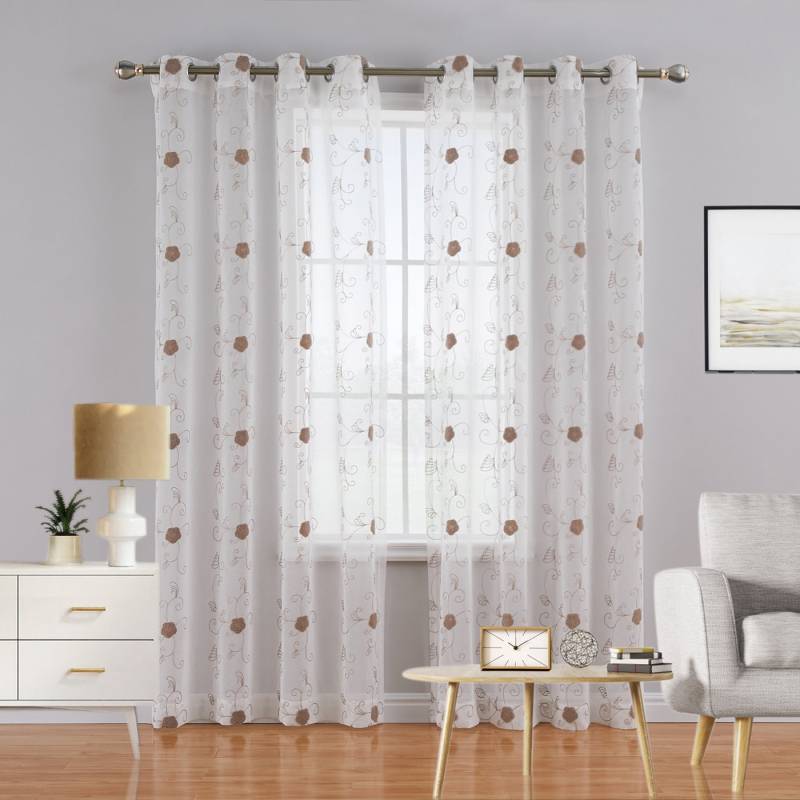 GarveeMore Vorhang Vorhänge mit Blumen Stickerei Muster 2er Set Voile Durchsichtig von GarveeMore