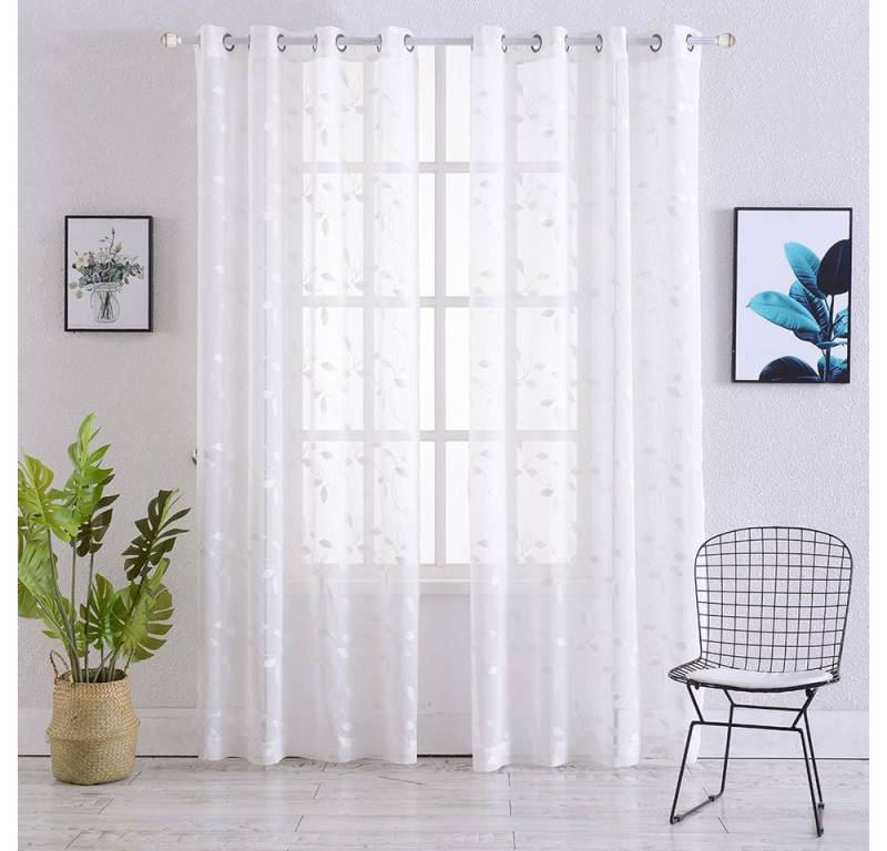 GarveeMore Vorhang Weiße Scheibenvorhänge, Florale Bestickte Faux-Leinen vorhänge, 2er von GarveeMore