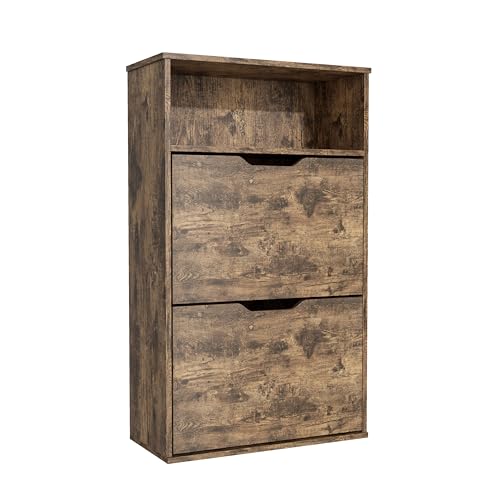 Garvis Schuhschrank schmal mit 2 KlappenPlatzsparender Schuhkipper offenes Fach Schuhregal Schuhaufbewahrung Hoch Kommode Schuhregal geschlossen Flurschrank für Diele (Rustikales Braun) von Garvishk