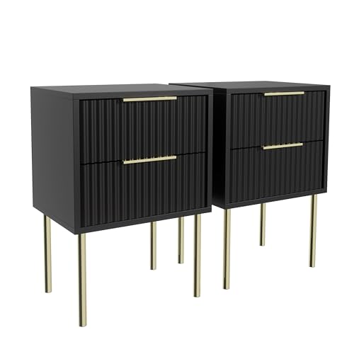Garvis Home Nachttisch 2er Set – Mit geriffelter Front & 2 Schubladen – Weiß oder Schwarz Nachtschrank mit Gold Metallbeinen – Soft-Close kleine Kommode für Schlafzimmer (Schwarz) von Garvishk