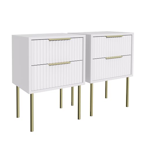 Garvis Home Nachttisch 2er Set – Mit geriffelter Front & 2 Schubladen – Weiß oder Schwarz Nachtschrank mit Gold Metallbeinen – Soft-Close kleine Kommode für Schlafzimmer (Weiß) von Garvishk
