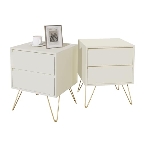 Garvis Nachttisch 2er Set, schmal, Beistelltisch mit 2 Schubladen Nachtschrank Mit goldenen Beinen Schlichter Beistelltisch für Schlafzimmer, Wohnzimmer (Creme) von Garvishk