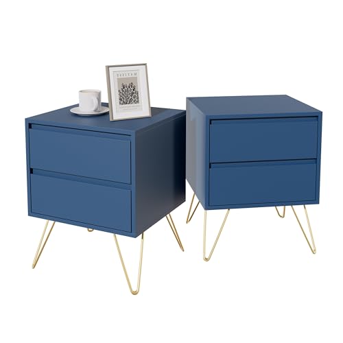 Garvis Nachttisch 2er Set, schmal, Beistelltisch mit 2 Schubladen Nachtschrank Mit goldenen Beinen Schlichter Beistelltisch für Schlafzimmer, Wohnzimmer (Marineblau) von Garvishk
