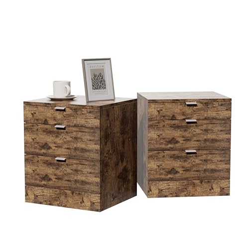 Garvis Nachttisch 2er Set, schmal, Beistelltisch mit 3 Schubladen Nachtschrank Schlichter Beistelltisch für Schlafzimmer, Wohnzimmer (Rustikalbraun) von Garvishk