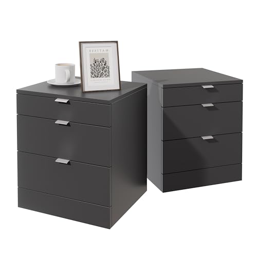 Garvis Nachttisch 2er Set, schmal, Beistelltisch mit 3 Schubladen Nachtschrank Schlichter Beistelltisch für Schlafzimmer, Wohnzimmer (Schwarz) von Garvishk
